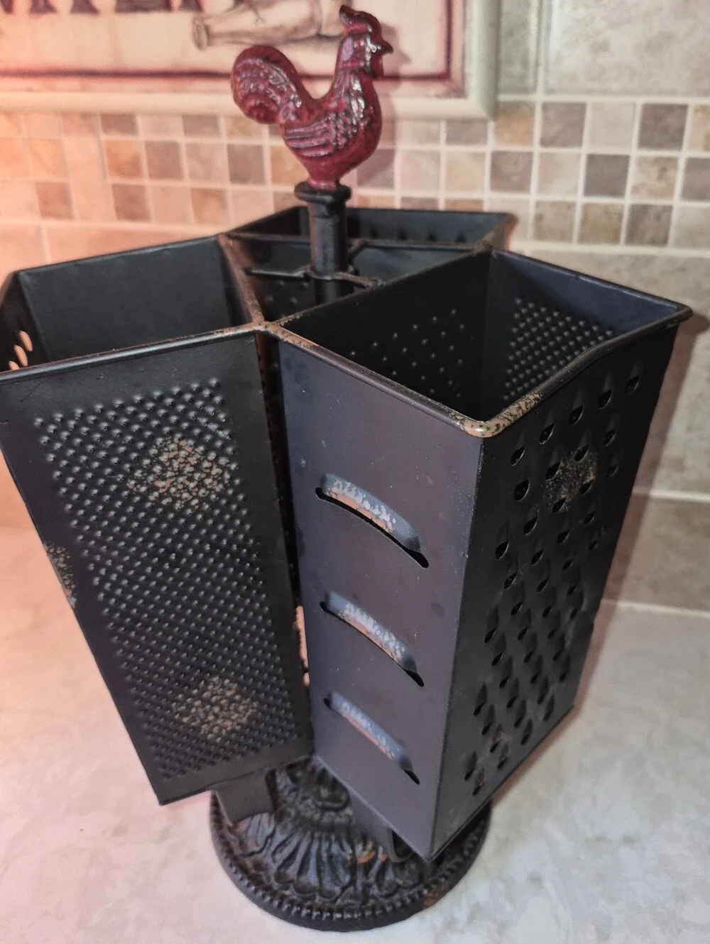 Farmhouse-style rotating utensil holder featuring three metal cheese Graters